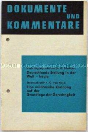 Beilage zur Monatsschrift "Information für die Truppe" mit Auszügen aus einer Rede von Verteidigungsminister Gerhard Schröder in Hamel am 13. September 1968 zur politischen Lage Deutschlands