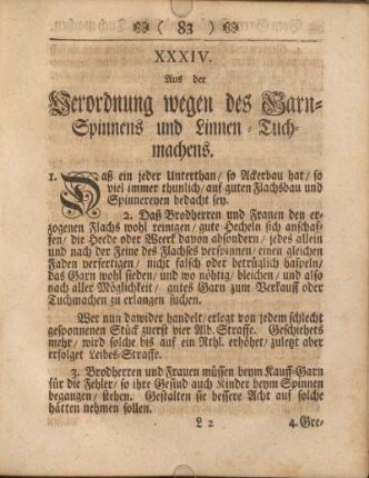 XXXIV. Aus der Verordnung wegen des Garn-Spinnens und Linnen-Tuchmachens.
