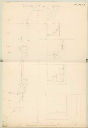 Gefallenendenkmal, Jauer Monatskonkurrenz März 1877: 5 Grundrissviertel, halber Querschnitt; Maßstabsleiste