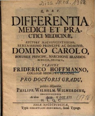 De Differentia Medici Et Practici Medicinae