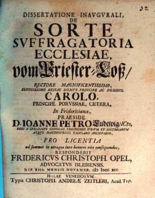 Dissertatione Inavgvrali, De Sorte Svffragatoria Ecclesiae, vom Priester-Loß