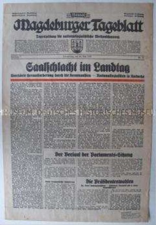 Regionale NS-Zeitung "Neues Magdeburger Tageblatt" zu einer "Saalschlacht" zwischen Kommunisten und Nationalsozialisten im Preußischen Landtag