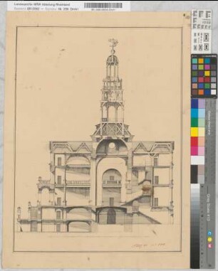 Entwurf einer Kirche. Z.T. kolorierte Probezeichnungen des Zimmerers Cornel Bücken aus Haaren. Ansichten