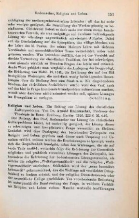 151-152 [Rezension] Rademacher, Arnold, Religion und Leben