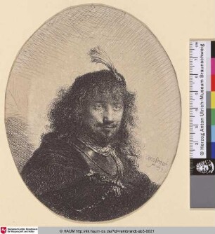 [Selbstbildnis mit federgeschmückter Kappe (und gesenktem Säbel); Self-Portrait (?) with Plumed Cap and Lowered Sabre; Portrait de Rembrandt, en ovale]