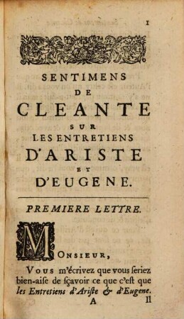 Sentimens De Cleante Sur Les Entretiens D'Ariste Et D'Eugène