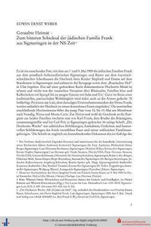 Geraubte Heimat - Zum bitteren Schicksal der jüdischen Familie Frank aus Sigmaringen in der NS-Zeit