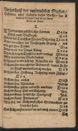 Verzeichniß der vornembsten Sachen/ Historien unnd Fabulen dieses Buchs ...