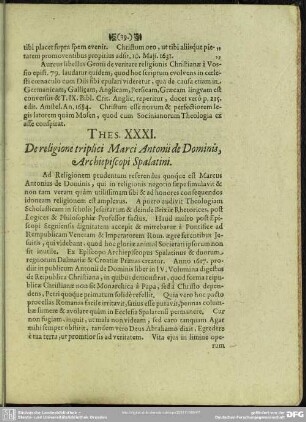 Thes. XXXI. De religione triplici Marci Antonii de Dominis, Archiepiscopi Spalatini