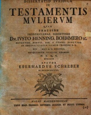 Dissertatio Ivridica De Testamentis Mvliervm