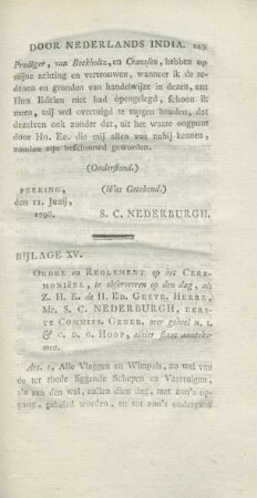 Bijlage XV. Ordre en reglement op het ceremonieel, te observeeren op en dag, ...