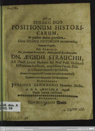Senarii duo positionum historicarum, in quibus dubia quaedam circa diluvii historiam occurrentia numine propitio