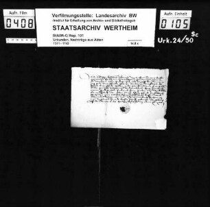 Otto von Erlenbach quittiert dem Grafen Michael von Wertheim den Erhalt von 3 Pfund Geld für sein Burglehen zu Breuberg.