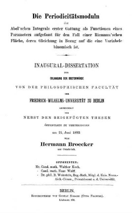 Die Periodicitätsmoduln der Abel'schen Integrale erster Gattung als Functionen eines Parameters aufgefasst für den Fall ...