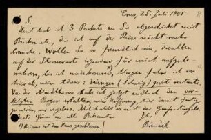 Nr. 8 Postkarte von Martin Brendel an Karl Schwarzschild. Bad Ems, 25.7.1905