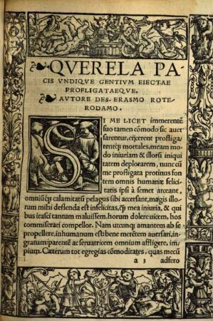 In Hoc Libello Continentvr Qverela Pacis undiq[ue] gentium eiectae profligataeq[ue]