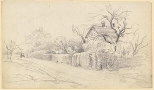 Anwesen hinter hoher Hecke und kahlem Baume