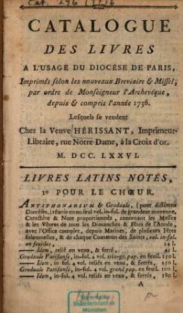 Catalogue des livres. 1776. Catalogue des livres à l'usage du diocèse de Paris ... - 1776. - 11 S.