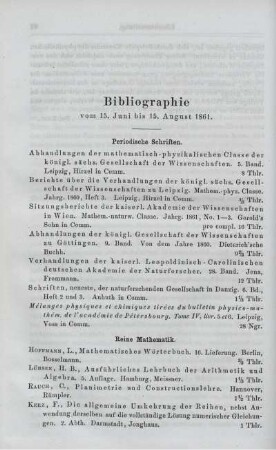 Bibliographie vom 15. Juni bis 15. August 1861.