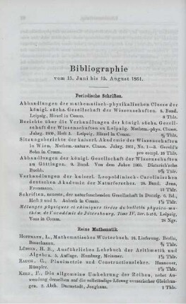 Bibliographie vom 15. Juni bis 15. August 1861.