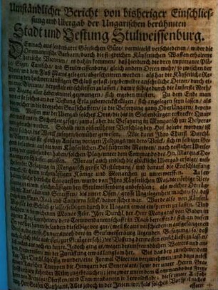Umständlicher Bericht von bisheriger Einschliessung und Ubergab der Ungarischen berühmten Sadt und Vestung Stulweissenburg