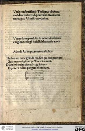 Varie constructionis thesaurus ab Antonio Mancinello undique corrasus et coacervatus atque ab Ascensio recognitus.