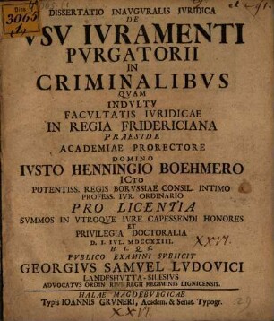 Dissertatio Inavgvralis Ivridica De Vsv Ivramenti Pvrgatorii In Criminalibvs