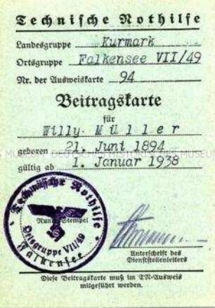 Beitragskarte der Technischen Nothilfe von Willy Müller
