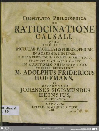 Disputatio Philosophica De Ratiocinatione Causali
