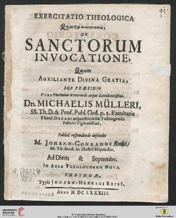 Exercitatio Theologica Quarta anaskeuastikē, De Sanctorum Invocatione