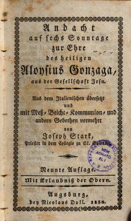 Andacht auf sechs Sonntage zur Ehre des heiligen Aloysius Gonzaga