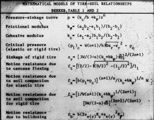 MATHEMATICAL MODELS OF TIRE-SOIL RELATIONSHIPS BEKKER, TABLE 1 and 2