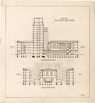 Billing, Hermann; Bochum (Nordrhein-Westfalen); Rathaus - Längsschnitt; Querschnitt (Schnitte)