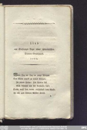 Lied am Stiftungs-Tage einer litterärischen Damen-Gesellschafft. 1798.