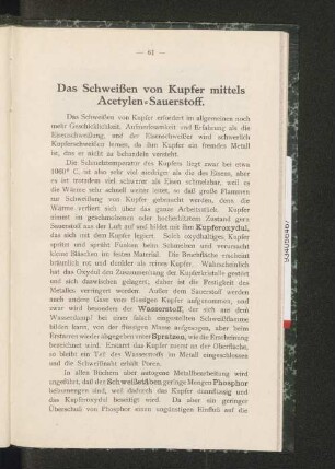 Das Schweißen von Kupfer mittels Acetylen-Sauerstoff.