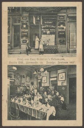 Ansichtskarte „Gruß aus Carl Gründler's Restaurant“, Zimmerstraße 30