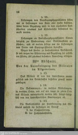 III. Abschnitt. Von der Unterbringung des Militairs im Allgemeinen