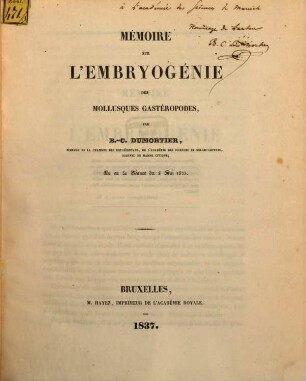 Mémoire sur l'Embryogénie des Mollusques gastéropodes