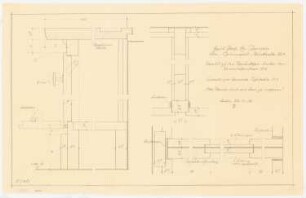 Haus Jansen, Berlin-Grunewald: Veranda, Schrankeinbauten unter den Fenstern, Schiebetür: horizontaler und vertikaler Schnitt der Schrankeinbauten 1:1, horizontaler Schnitt der Schiebetür 1:1