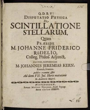 Disputatio Physica De Scintillatione Stellarum