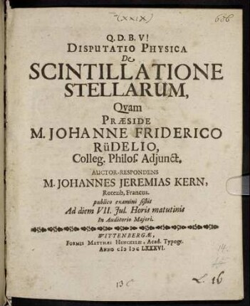 Disputatio Physica De Scintillatione Stellarum