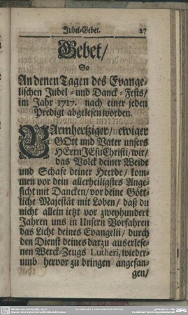 Gebet, So An denen Tagen des Evangelischen Jubel- und Danck-Fests, im Jahr 1717. nach einer jeden Predigt abgelesen worden