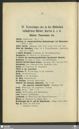 IV. Verzeichniss der in der Bibliothek enthaltenen Bücher, Karten u.s.w.