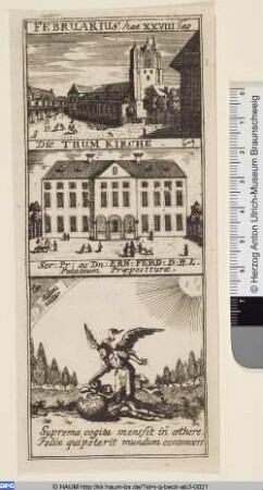 Februar, Kalenderblatt mit Ansichten des Burgplatzes mit dem Braunschweiger Dom und der Residenz Herzog Ernst Albrechts
