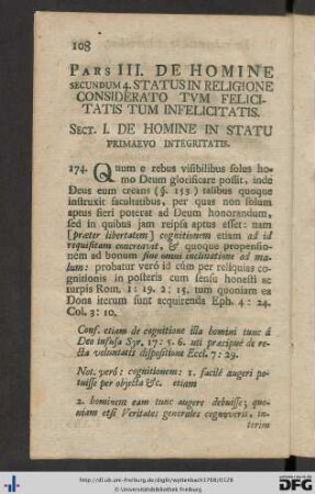 Pars III. De Homine Secundum 4. Status In Religione Considerato Tum Felicitatis Tum Infelicitatis.