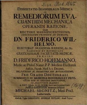 Dissertatio Inauguralis Medica De Remediorum Evacuantium Mechanica Operandi Ratione