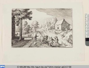 Landstraße an einem Bach mit Bauern und Vieh