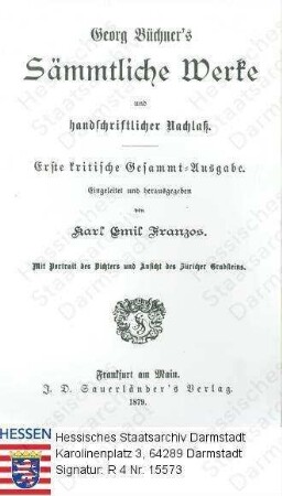 Büchner, Georg, Dr. phil. (1813-1837) / Titelblatt der Ausgabe von Karl Emil Franzos 'Georg Büchner's Sämmtliche Werke'