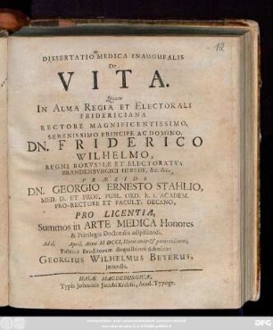 Dissertatio Medica Inauguralis De Vita