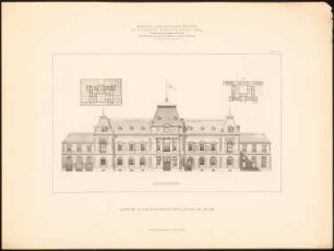 Botschaftspalais: Lageplan, Grundriss, Ansicht (aus: Samml. architekt. Entwürfe d. Studierenden der TH Berlin, 1881-1882, hrsg.v. Herrmann Ende)